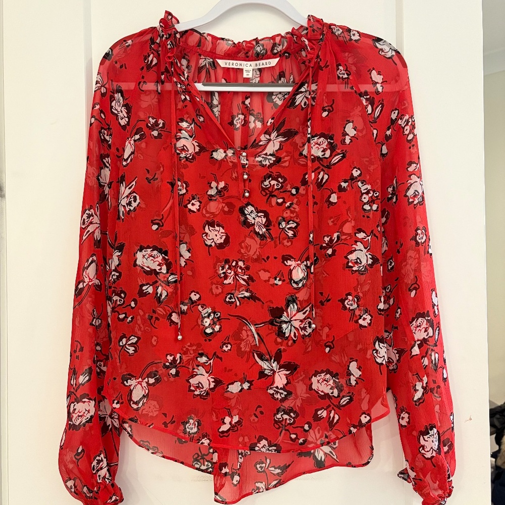 Veronica Beard Red Floral Silk Blouse